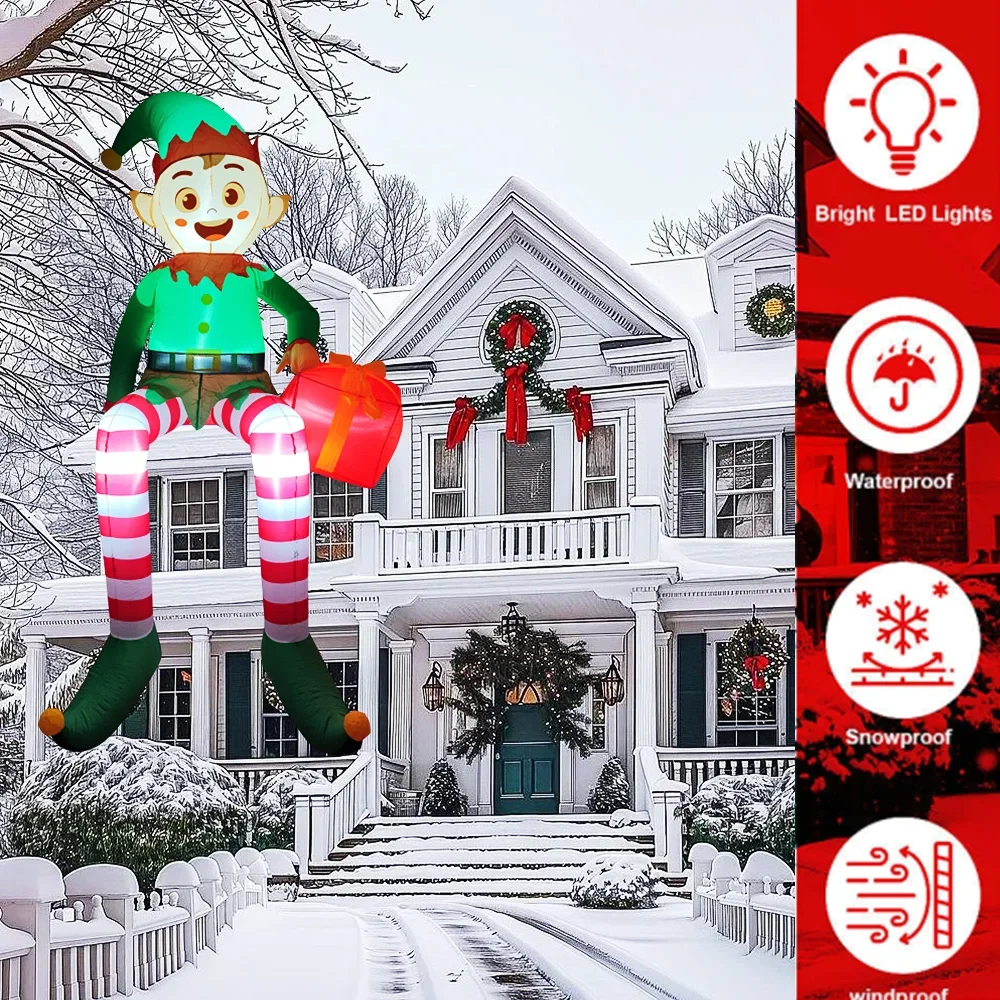 8FT Christmas Inflatable Trim Sitting Elf with Gift Bag Xmas Trim Built-in LED Light For Party Garden Yard Outdoor Xmas Decor