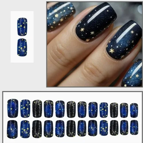 

24PCS Detachable Press on Nails Square Deep Blue Starry Sky Fake Nails with Armor Design Universe Galaxy Glue on False Nails Art