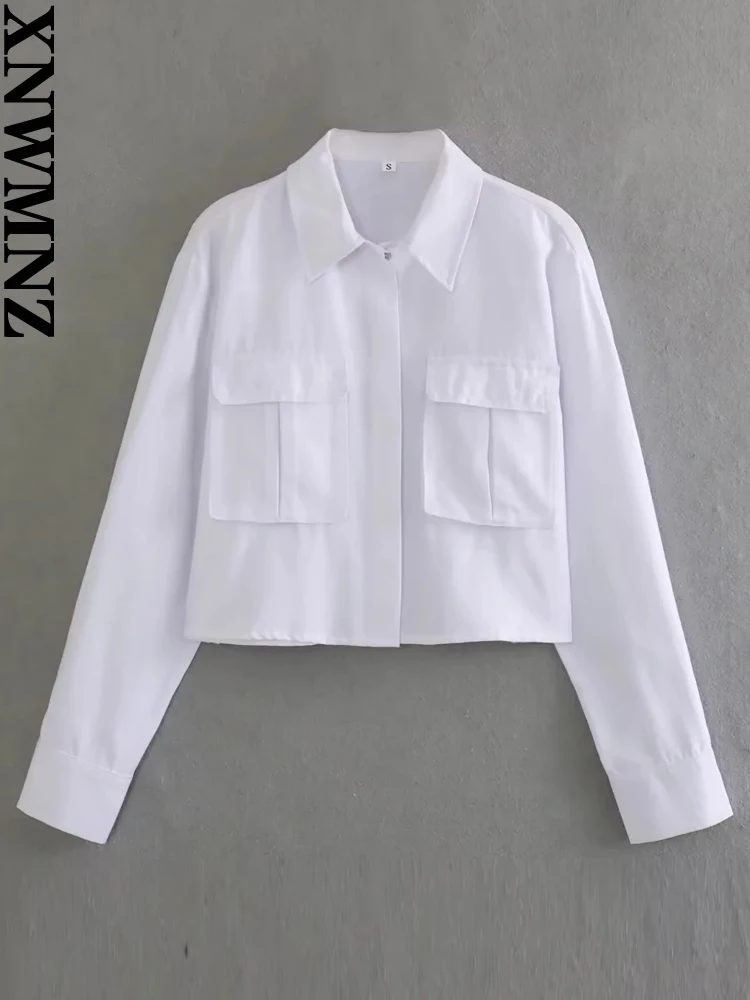 XNWMNZ Women\'s Fashion 2023 White Oxford Pocket Shirt Women\'s Vintage Lapel Long Sleeve Pocket Versatile Female Top