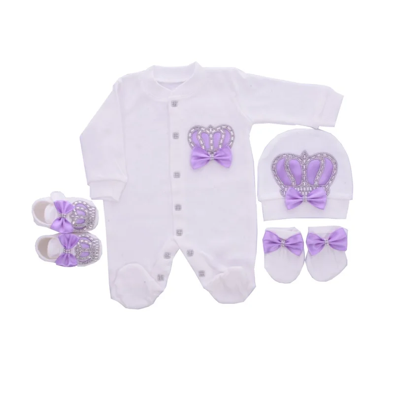 

Роскошный детский комбинезон-ромпер для принцесс 0-9 месяцев, 4 предмета, белый, сиреневый, серебристый, со стразами, короной и бантом, на ножках, подарочный набор из бутика