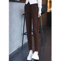 가을, 겨울 여성 솔리드 하이 웨이스트 탄성 슬림 플러스 사이즈 클래식 Halun 바지 패션 및 캐주얼 통근 바지