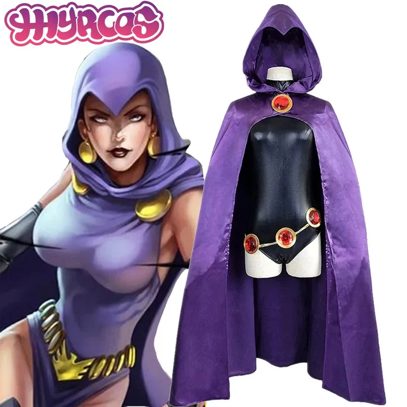 cos-スーパーティーン-cos-タイタンズヒーローアニメレイヴンコスプレ衣装女性黒ボディスーツ紫フード付きマントジャンプスーツハロウィンパーティー