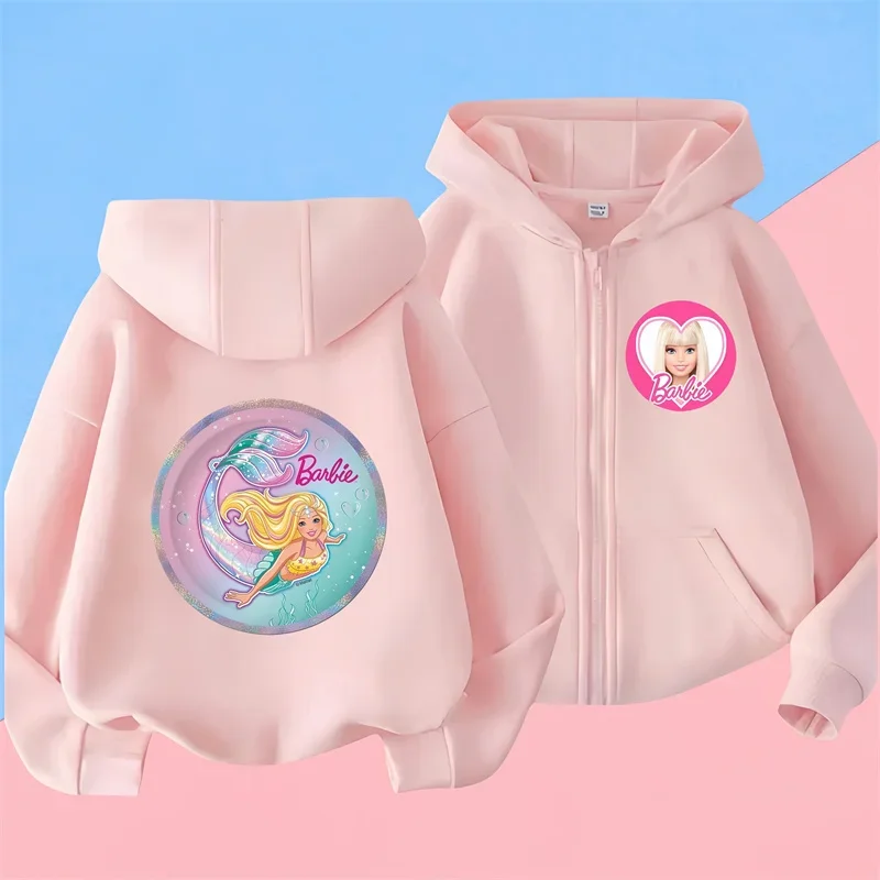 Kawaii Barbie Children long Sleeves Anime Cartoon Girls Boys zipper hoodie Soft All-Match Y2K Kids Clothes Streetwear