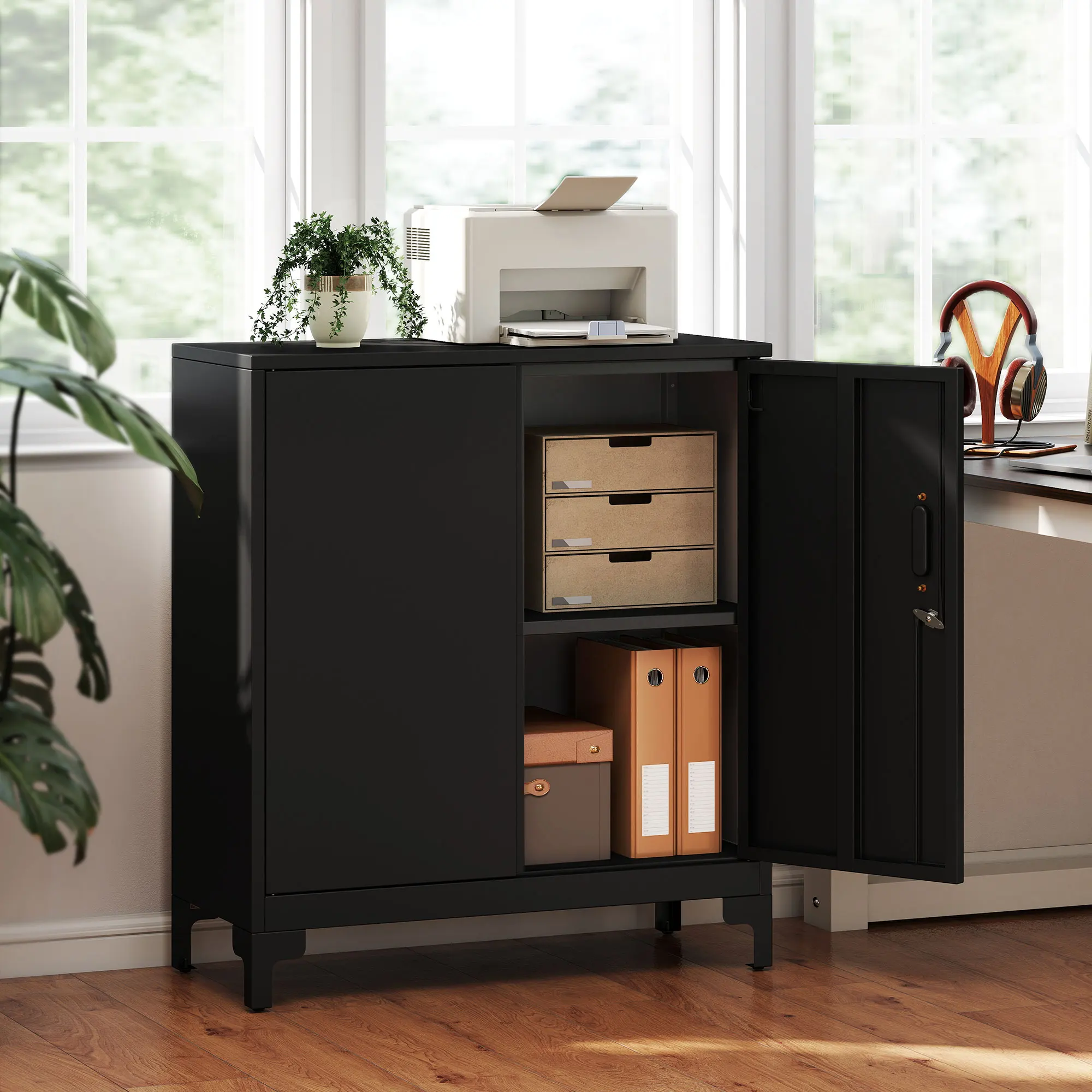 Armoire de rangement de bureau noire, étagères de rangement, bibliothèque, armoire à documents à double porte, meubles de rangement pour fournitures de bureau à domicile.