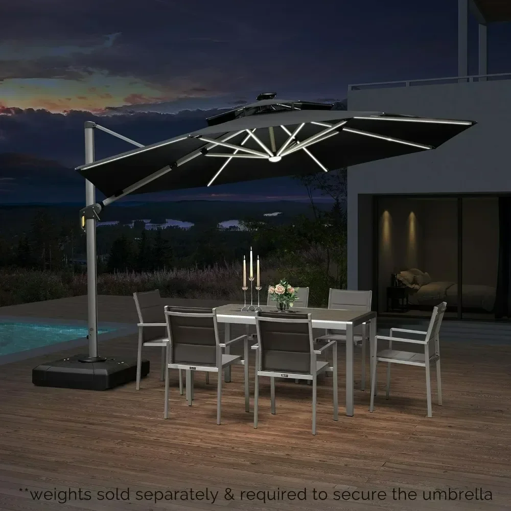 

12ft Solar powered Patio Umbrella Outdoor Cantilever Umbrella with LED lights Windproof Offset Heavy Duty Sun Umbrella