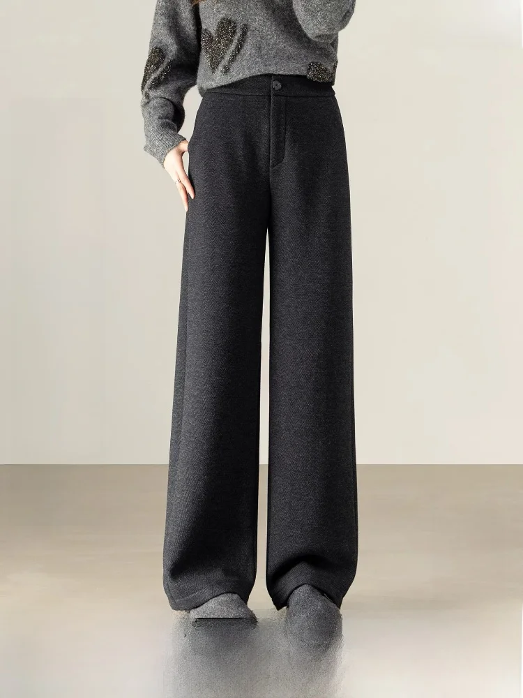 

ay Acetate Wool Thiened Fce Lined Elastic Waist Straight Leg Pants Women Winter New Sle Warm Comfortable Casual Trou...