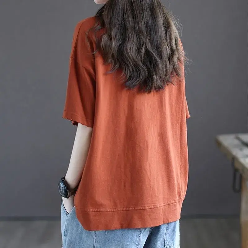 Summer Women's Vintage Casual Pocket Patch Streetwear Cotton Oversized T-shirts Round Neck Short Sleeve Top Female Clothing 2023