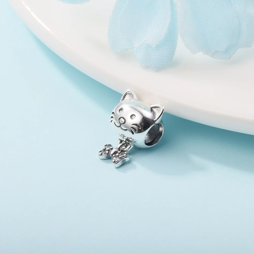 Pet Cat & Bow Charm Free Shipping 2022 Bracelets Components Valentine's Day Charm S925 Sterling Silver Couple Pendant