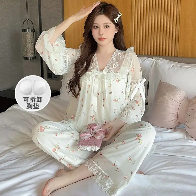 Long Sleeve Chinese Style Ice Silk Sweet Lace Princess Style Homewear with Breast Pad Pajamas for Women Spring and Autumn