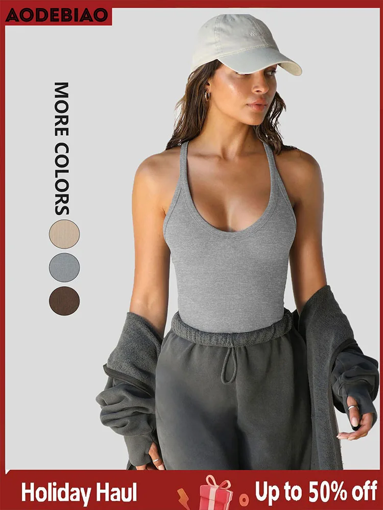 

AODEBIAO Sexy Women's Tank Tops Summer Sleeveless Slim Backless V-Neck Solid Crop Top Women Streetwear Fashion Casual Camisole