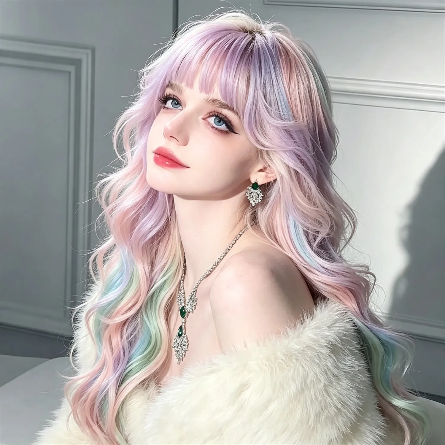 Rainbow Ombre Body Wave Wig 28 Inch Heat Resistant Synthetic Wig For Women Cosplay Party