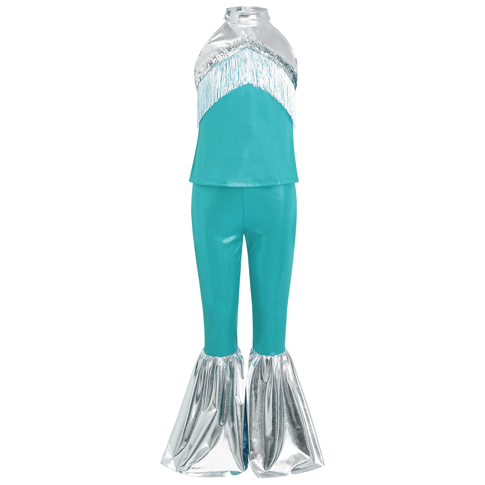 Kinderen meisjes disco sets hippie cosplay outfits prestatie kostuum lovertjes halter top met wijde pijpen broek voor jaren '70 themafeest