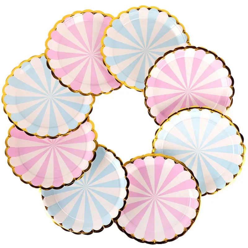 50 stuks wegwerp strip papieren borden blauw roze cake dessert lade baby shower verjaardag bruiloften feestartikelen BBQ accessoires