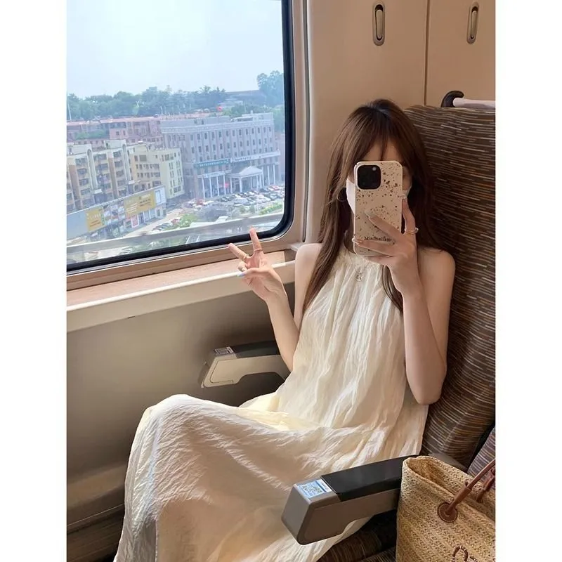 프렌치 스타일 넥타이 드레스, 여름 루즈핏 슬리밍 신상 디자인 민소매 스위트 비치 휴가 롱 스커트