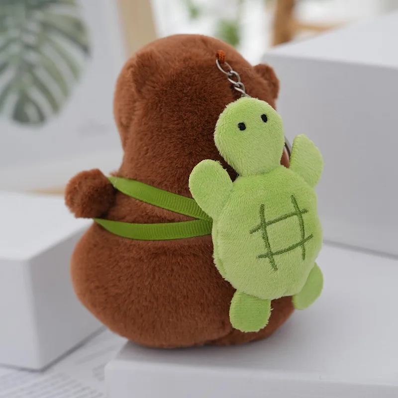 12CM Cute Capybara Plush with Turtle Backpack Strawberry Hat Kawaii Capibara Stuffed Aniamls Toys Keychain Pendant Kids Gifts