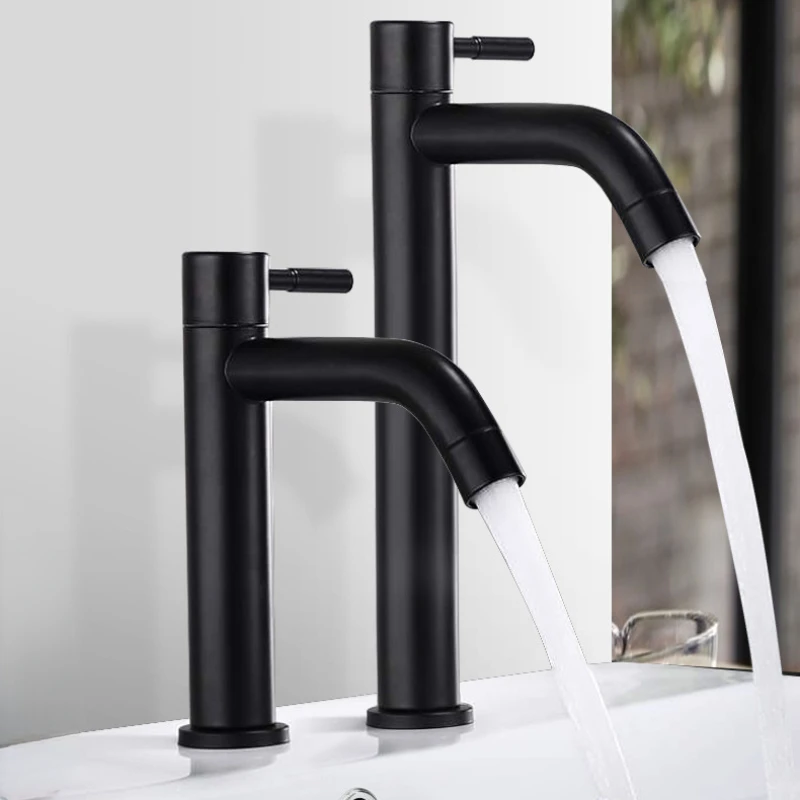 

Black Bathroom Stainless Steel Basin Faucet Single Cold Sink Faucet Elbow Basin Mixer Kitchen Faucet Heightened Vanity Tap