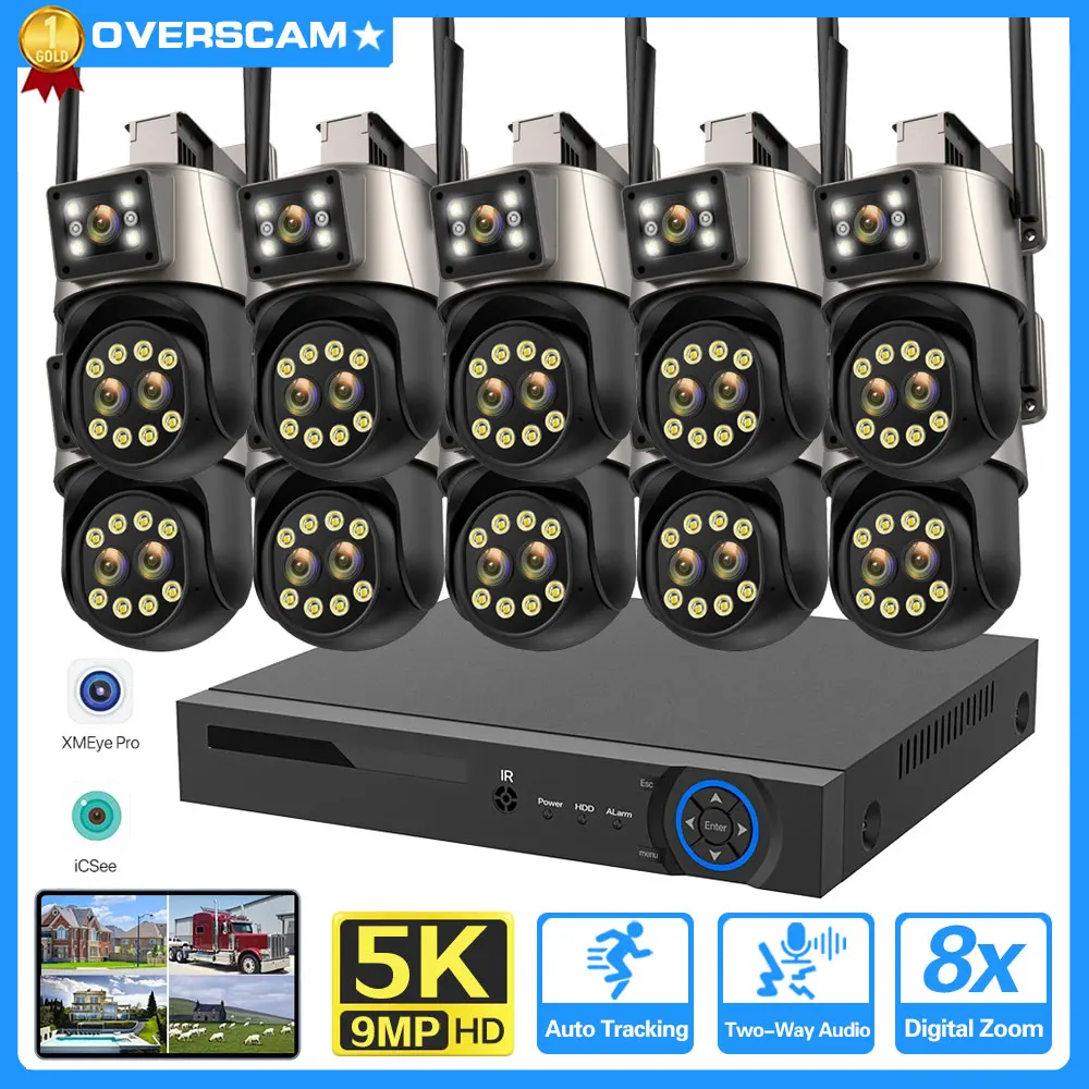 

9MP 5K Three-Lens Dual-Screen 8X Digital Zoom Camera 10CH 4K POE NVR PTZ Control Wireless Video Surveillance Security System