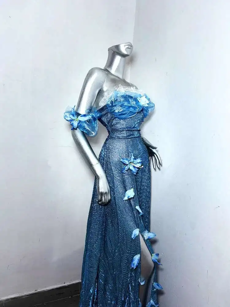 

Lovely Dress Handmade Blue Gradient Green Sparkling Princess Sexy Lolita Costume Slit Dress With Large Swing