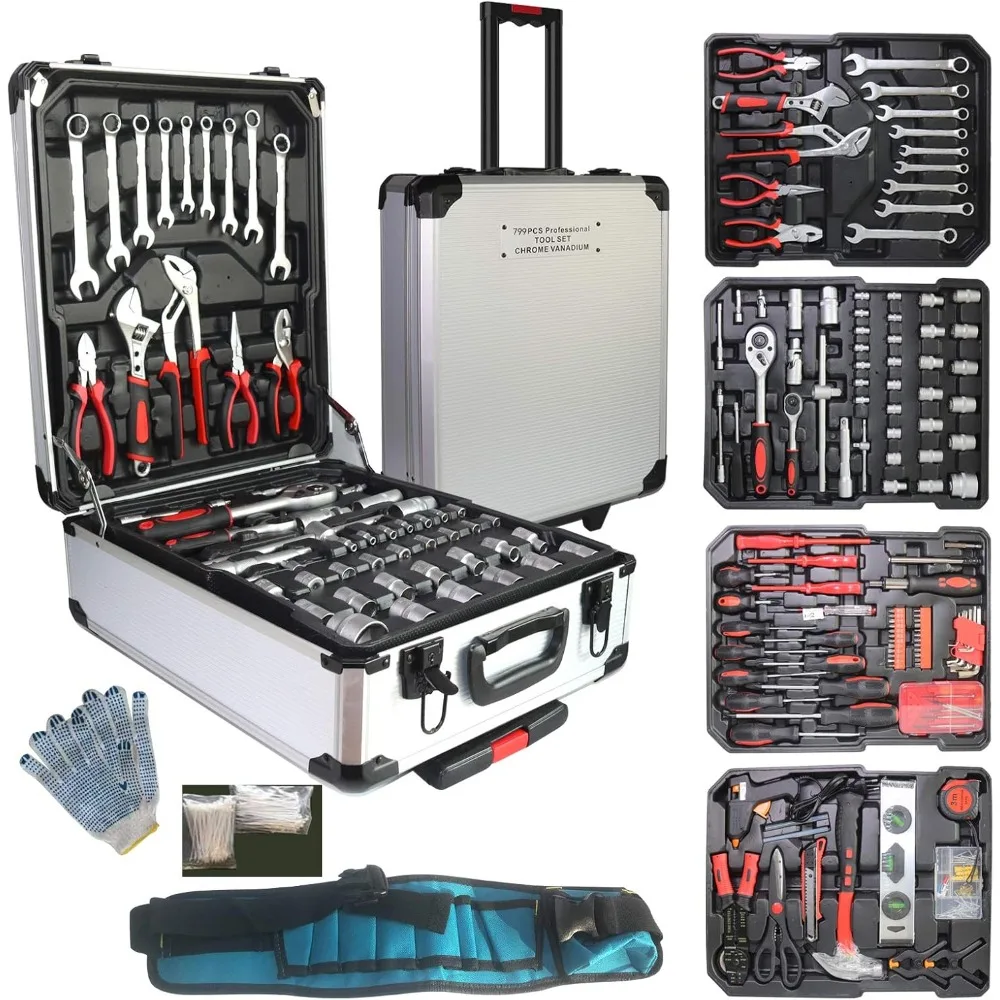 Aluminum Trolley Case Tool Set Silver, House Repair Kit Set, Household Hand Tool Set, with Tool Belt,Gift on Father's Day