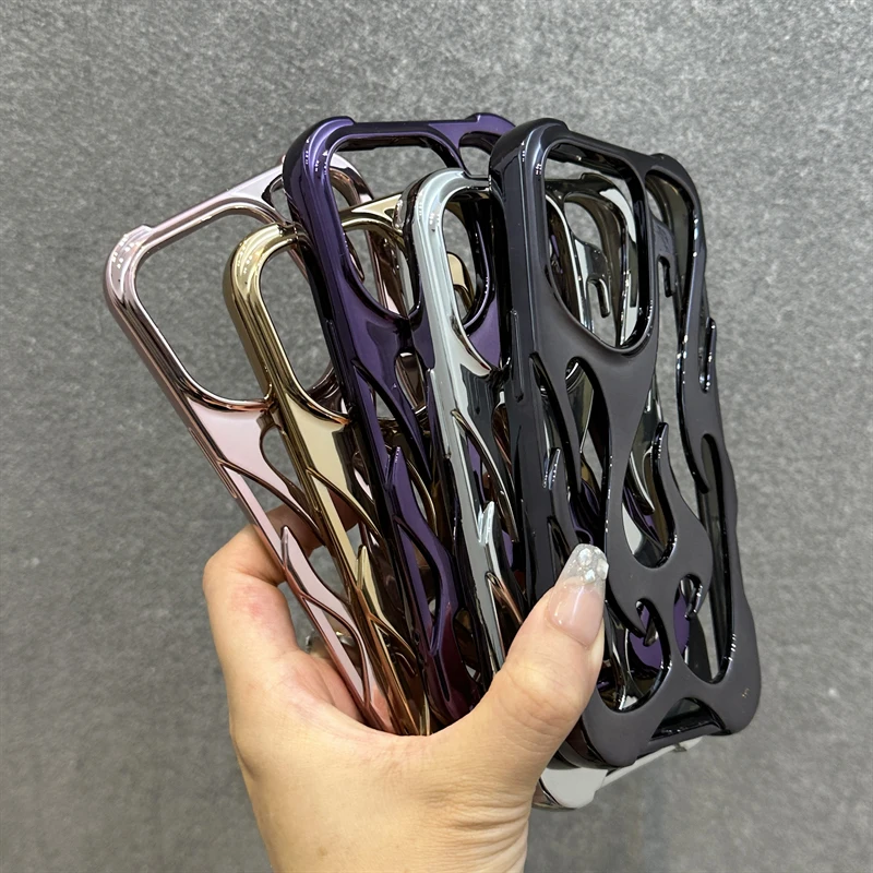 Ins Fashion Hollowed Flame Pattern Phone Case For iPhone 16 Pro Max 17 Air 15 13 12 11 14 Plus Slim Heat Dissipation Back Cover