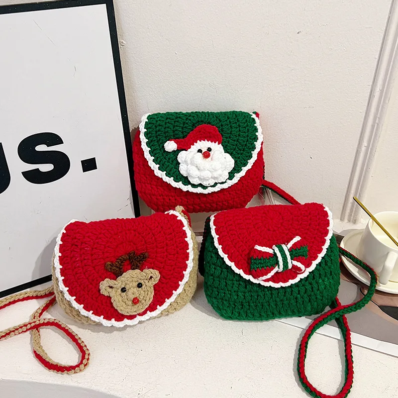 

Sweet Cute Santa Claus Knit Crochet Bag Women Color Block Petite Shoulder Bag Ladies Christmas Handmade Woven Chic Crossbody Bag