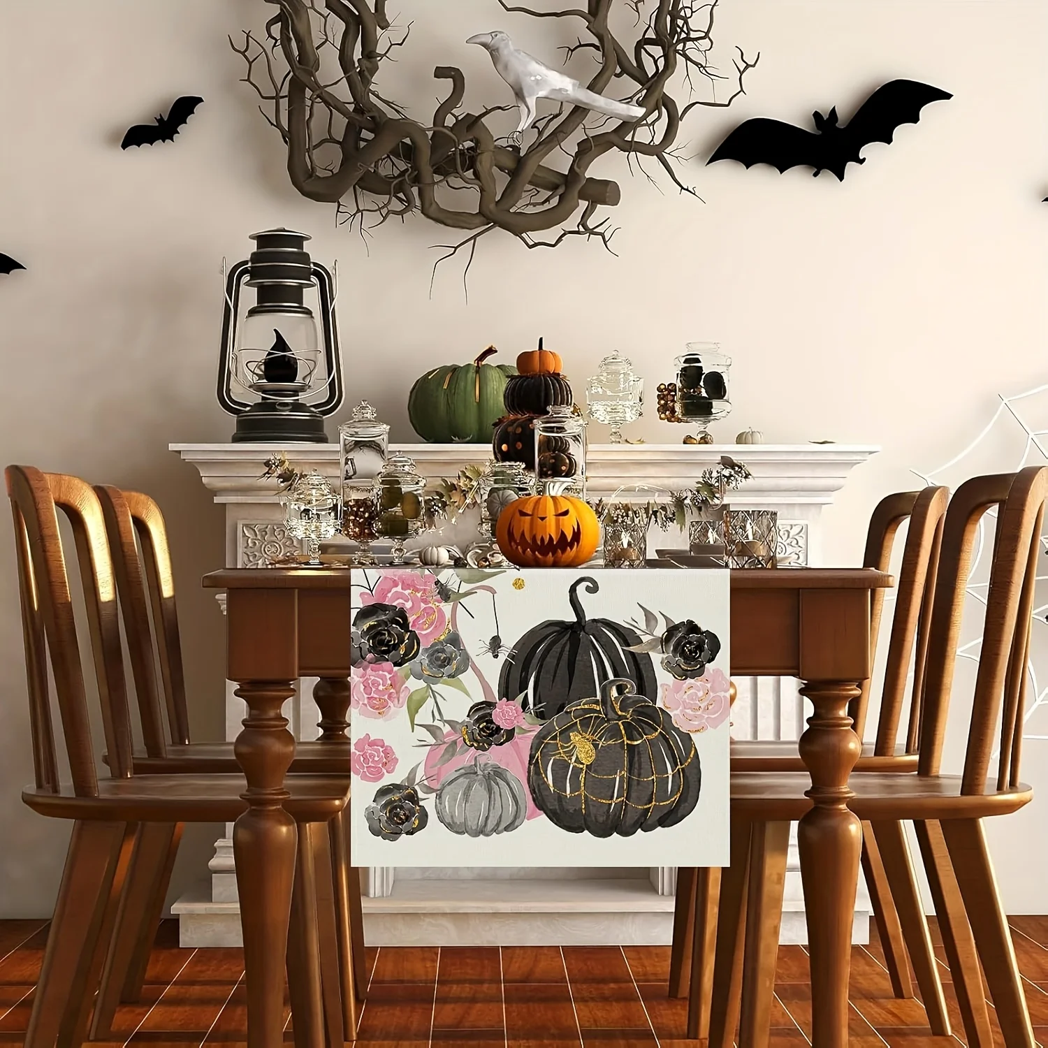 1 Piece of Accessible Luxury Halloween Table Runner, Painted Black Gold Pumpkin, Pink Flower, Spider Web, Adapted to Party, Restaurant, Home Furnishing, Decoration Scene.