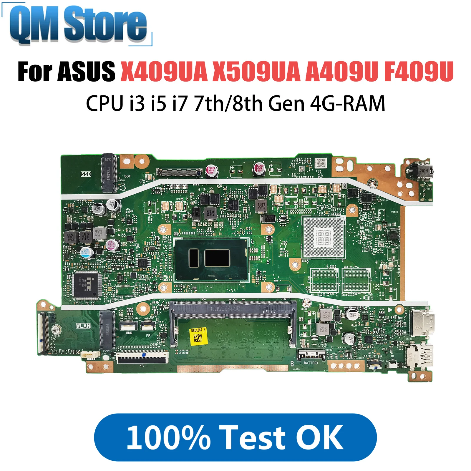 X409UA Laptop Motherboard For ASUS X509UA A409U F409U X409UB X509UB Mainboard With CPU i3 i5 i7 7th/8th Gen 4G-RAM Tested OK