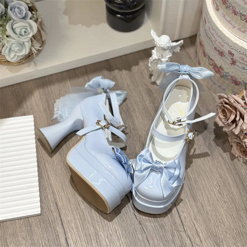 Original Sweet Satin Butterfly High Heels Women 2025 New Lolita Cute Bowknot Girl Lady Elegant Princess Mary Jane High Heels