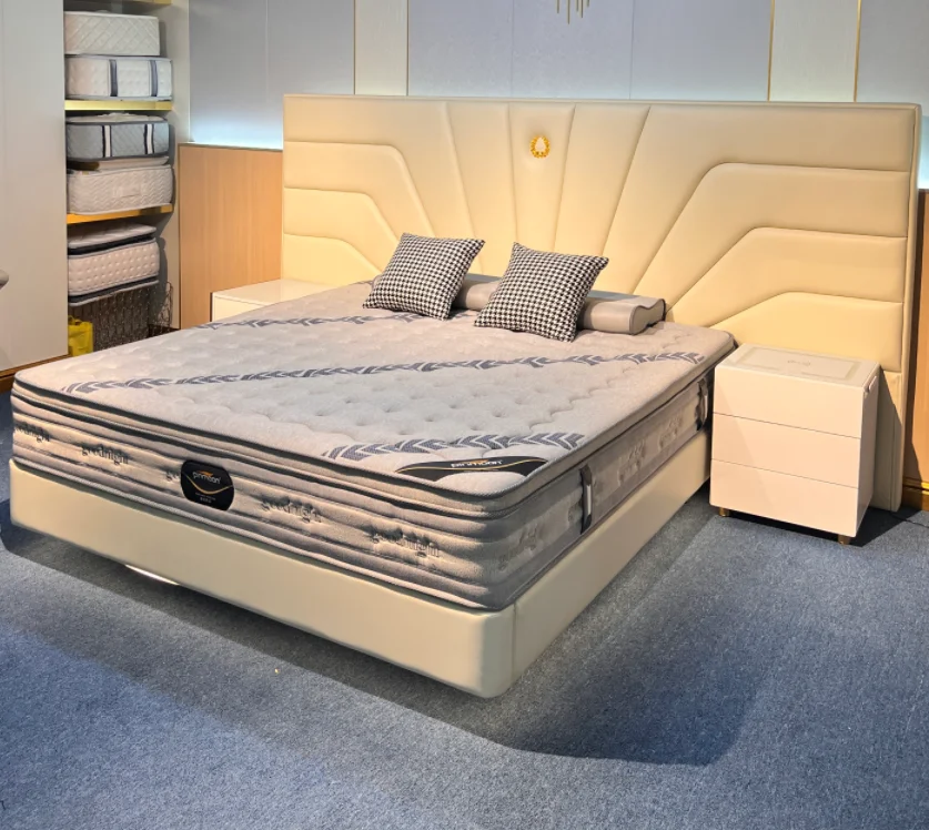

@#Queen Size Upholstered Platform Solid Wood Bed Frame Golden Metal Legs Beige Leather Bedroom Furniture Soft Bed