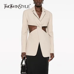 TWOTWINSTYLE-Blazer de temperamento ahuecado para mujer, chaqueta minimalista de manga larga con cuello con muescas, bolsillo de retazos, color liso