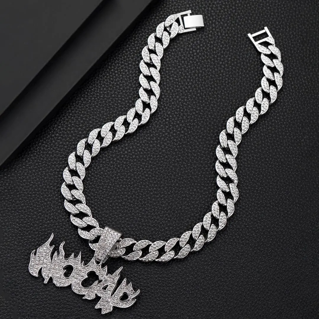 

Personality Hip hop Alphabet Flame Pendant Men's necklace Niche design Fashion diamond studded full diamond necklace jewelry