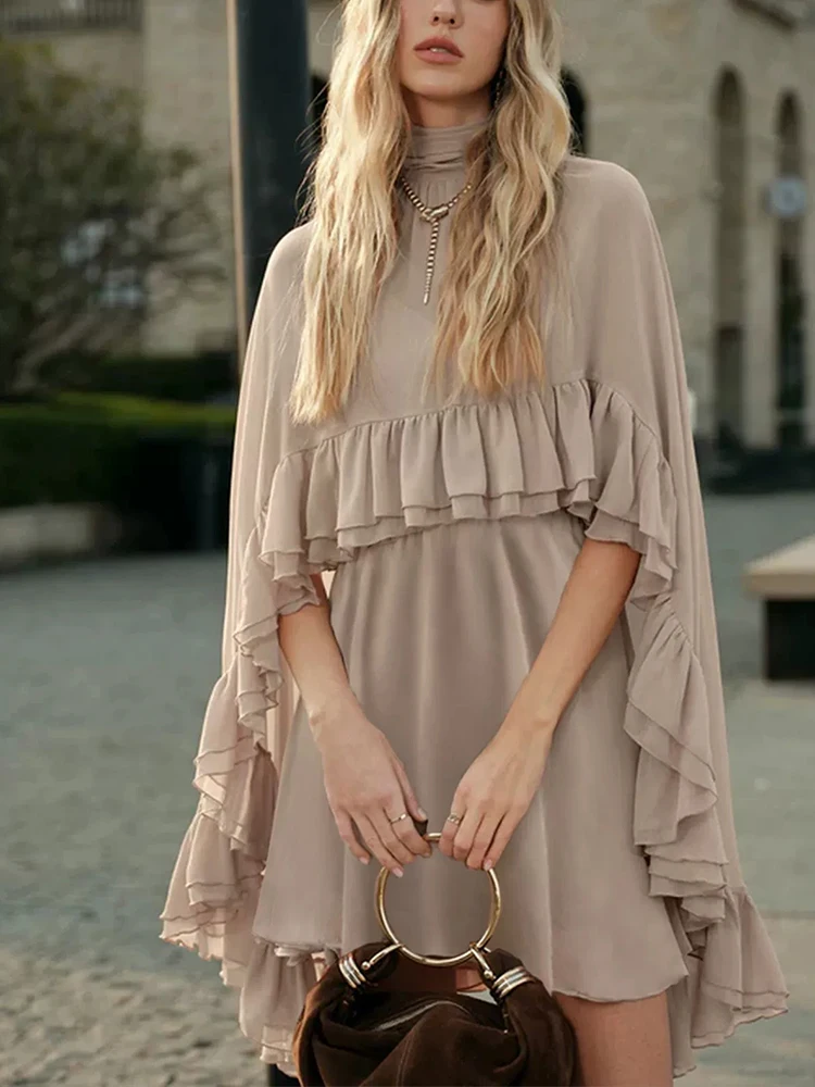 

Casual Ruffle Edge Pleated Irregular Dress Fashion Women's High Waisted Commuting Dress Chiffon Solid Color Loose Holiday Dress