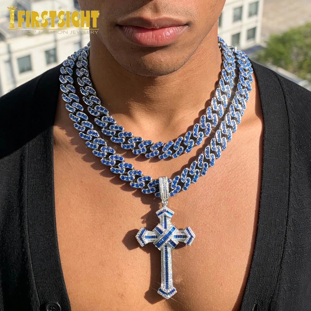 

Кулон с крестом Iced Out, кубинская цепочка, ожерелье, зубец, синий CZ, кубический цирконий, подвеска для мужчин и женщин, ювелирные изделия в стиле хип-хоп