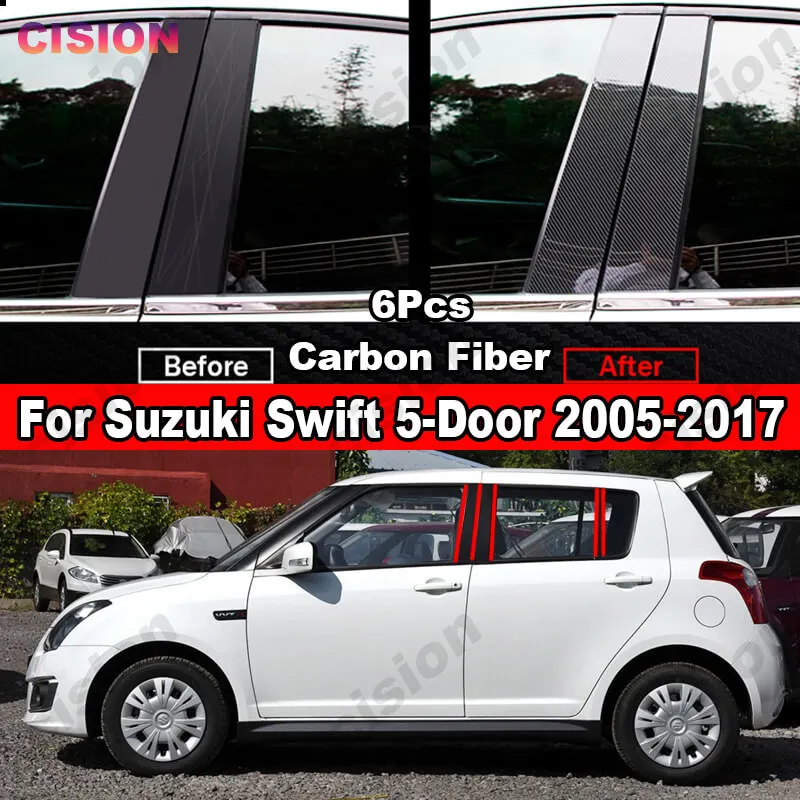 Błyszczące czarne włókno węglowe okno samochodu drzwi kolumna BC filar nakładki wykończenia materiał PC naklejki dla Suzuki Swift 5-Door 2005-2016