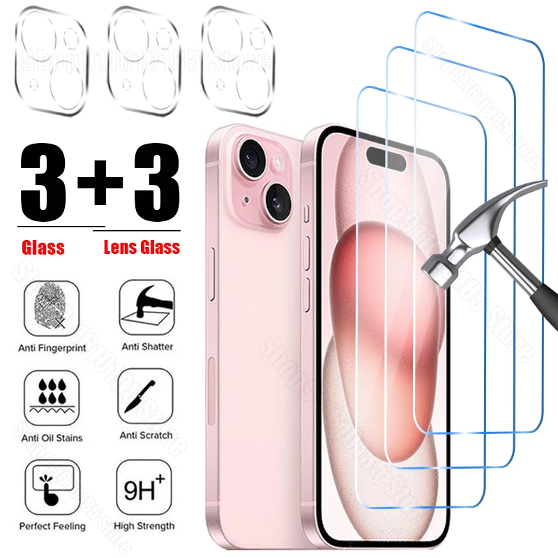 6in1 Tempered Glass for iPhone 15 14 13 12 11 Pro Max Plus Mini Camera Screen Protector for iPhone 7 8 SE 2020 2022 XR X XS Max