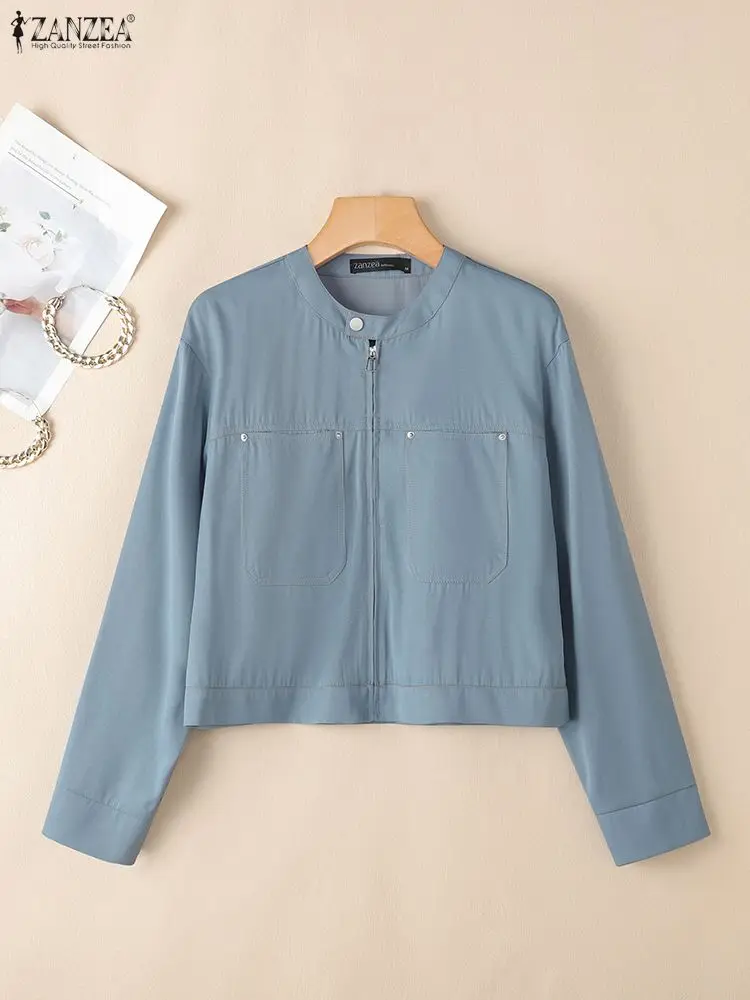 

ZANZEA Womens Denim-Like Modern Short Jackets Long Sleeve O-Neck Zip-Up Lightweight Jackets Autumn 2025 Solid Color Outerwear