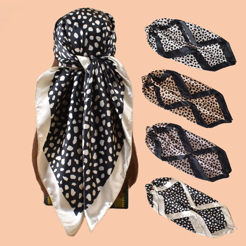 

Шелковый атласный платок-бандана 90*90 см с леопардовым принтом для женщин, квадратный шарф-хиджаб, повязка на голову, женская косынка