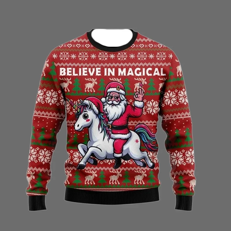 패션 유니콘 어글리 크리스마스 스웨터 트렌드 남녀 공용 3D 프린트 크리스마스 스웨트셔츠 캐주얼 스트리트웨어 오버사이즈 풀오버 트랙슈트