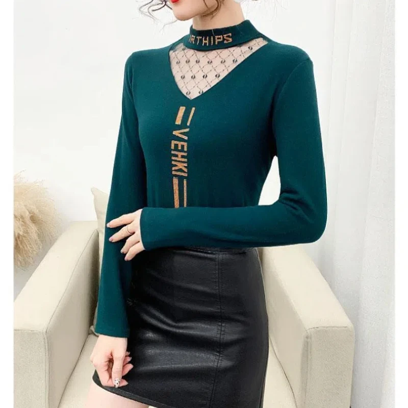 Slim All-match Bottoming Shirt Spring Autumn Winter Long Sleeve Hollow Out Vintage T Shirt Tops Fashion Elegant Women Clothing