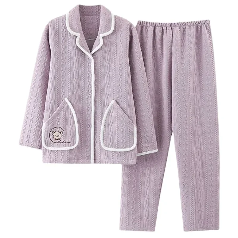 2024 New Sleepwear Women's Autumn Winter Thick Loungewear Pure Cotton Interlayer Air Cotton Sleepwear V-neck Warm Homewear Set