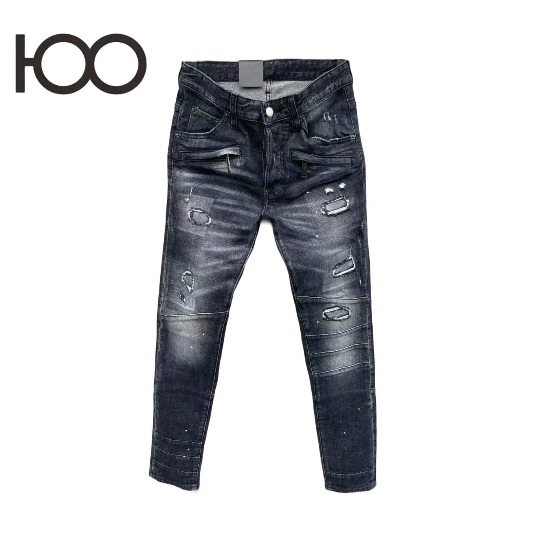 

L006 Men's Punk Distressed Jeans Skinny Fit Washed Denim Pants with Paint Splashes & Ripped Holes Paint Accents Distressed