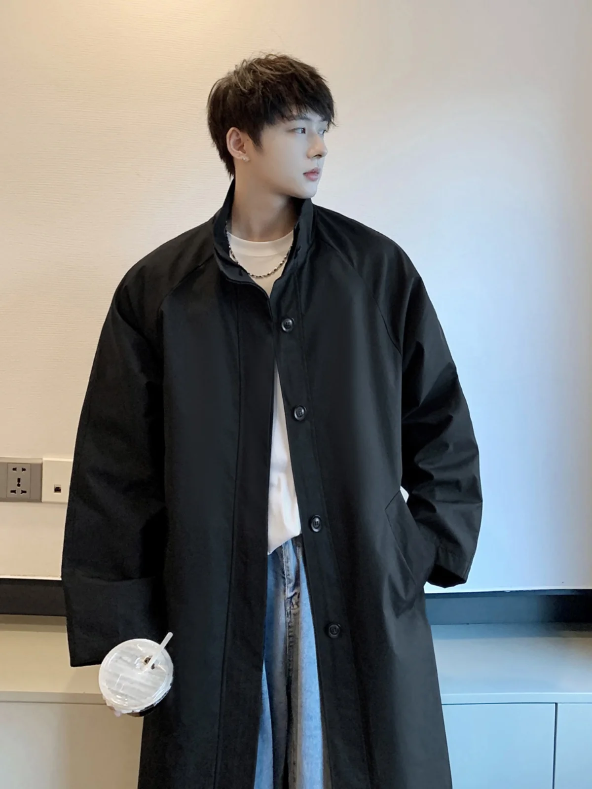 

Мужской тренчкот из кожи (или с эффектом кожи) средней длины, двусторонний, оверсайз, модный, высококачественный, с длинными рукавами, облегающий, черный, хаки