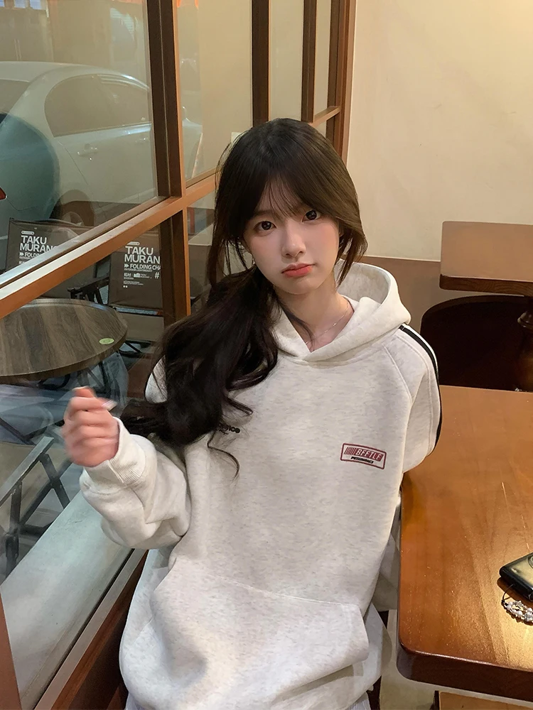 

American Sle Striped ey Hoodie Women's Winter New Couple Match Thiened Long Sve Fce Lined Hooded Top