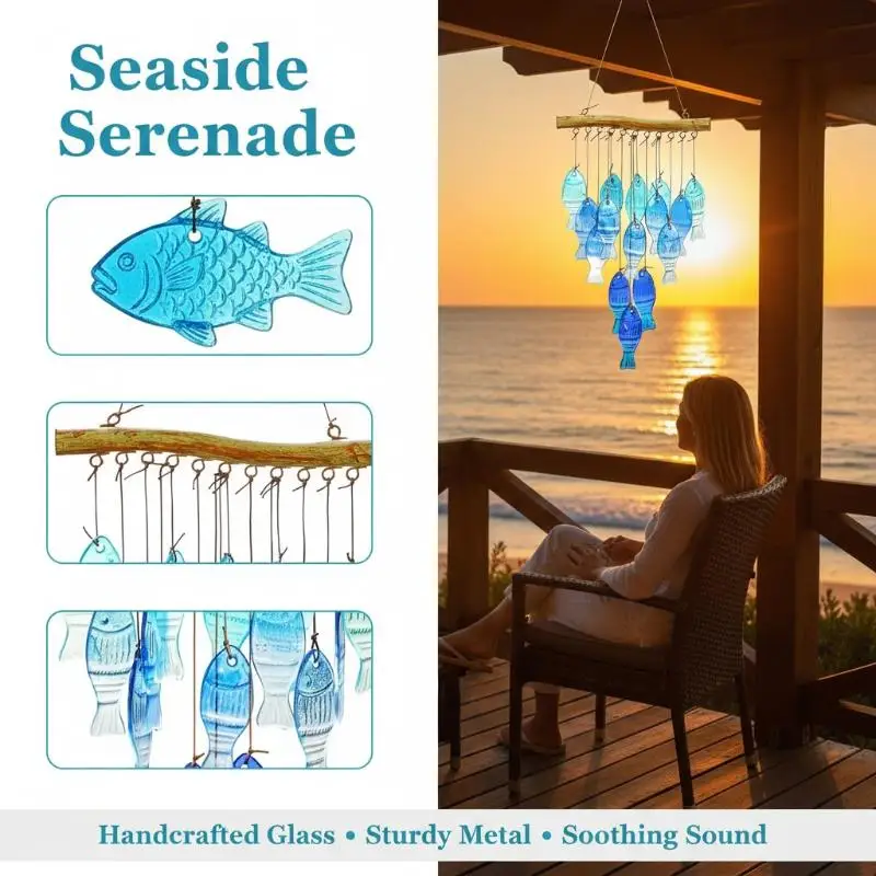 Blue Glass Sea Wind Chimes, Outdoor Glass Wind Chimes, Handcrafted Fish Wind Chimes, Large Glass Wind Chimes, Beach Parties, Wed view 4