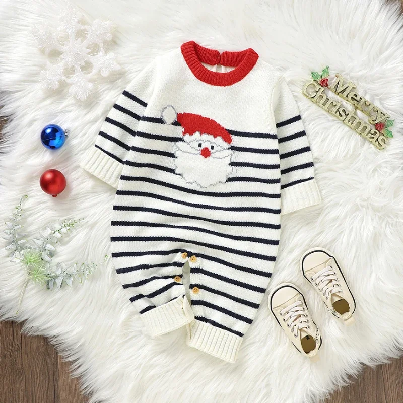 Newborn Boys Girls Christmas Santa Claus Jumpsuit Outfit Winter Toddler White Playsuits 0-18m Baby Rompers Full Sleeve Crew Neck