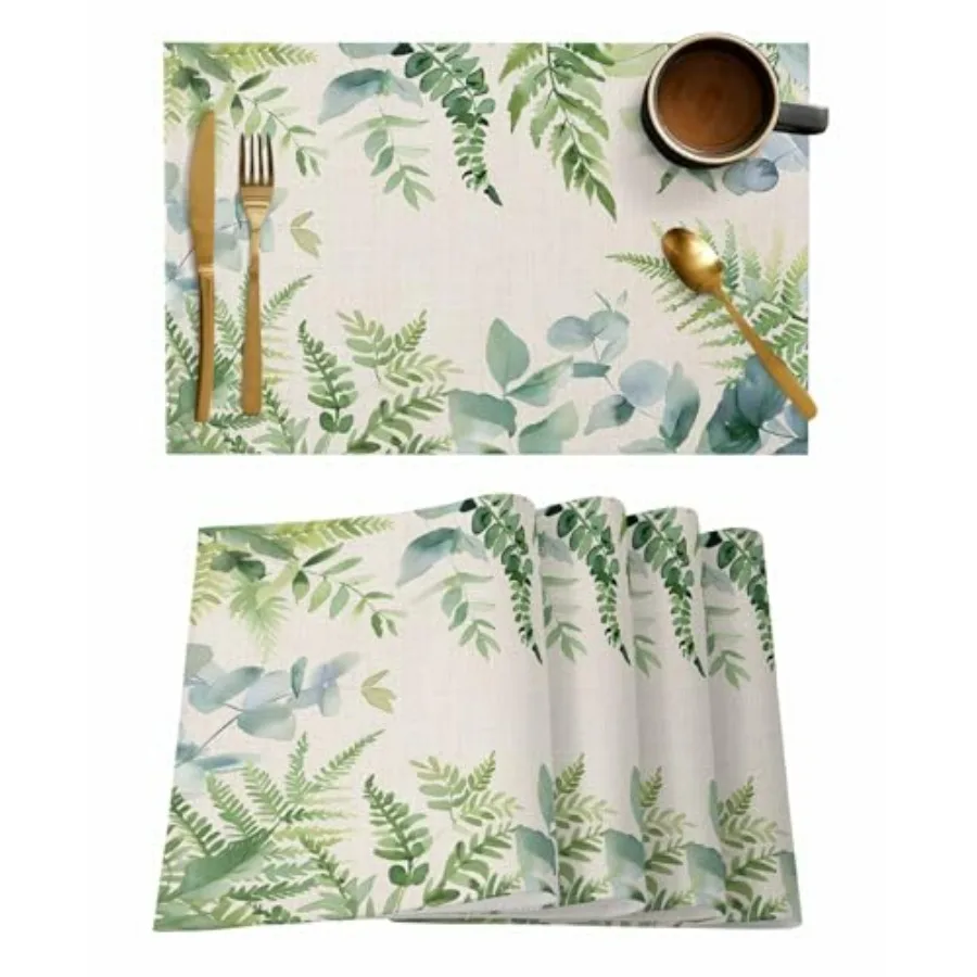 

Table Placemats Set of 4 Summer Eucalyptus Leaves Green Watercolor Wipeable Place Mats for Dining Tables Botanical Pastoral Pla