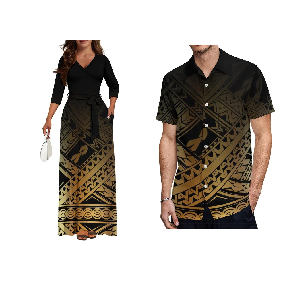 V-Neckline With Pocket Waistband Dress Elegant Maxi Samoan Couple Party Dress Custom Pocket Shirt Custom Polynesian Style