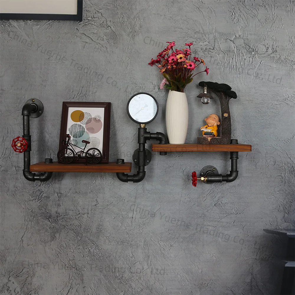 

American retro water pipe shelf wrought iron bookshelf industrial air layer shelf wall solid wood