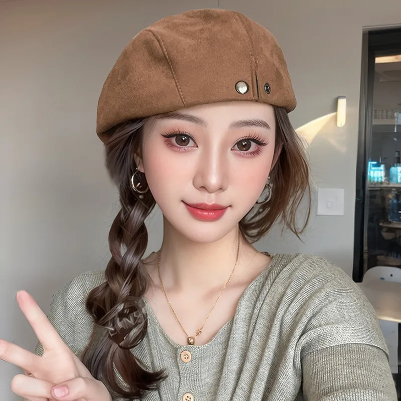 Vintage Suede Newsboy Cap For Women Autumn Winter Retro Baker Boy Hat Casual French Beret Solid Color Duckbill Flat Caps