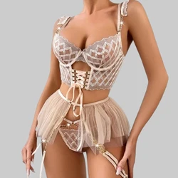 Toucheart Diamond Embroidery Sexy Strappy Mesh Tutu Skirt Lingerie Set Push Up Bra Hot Girl Underwear Luxury Support Underwear